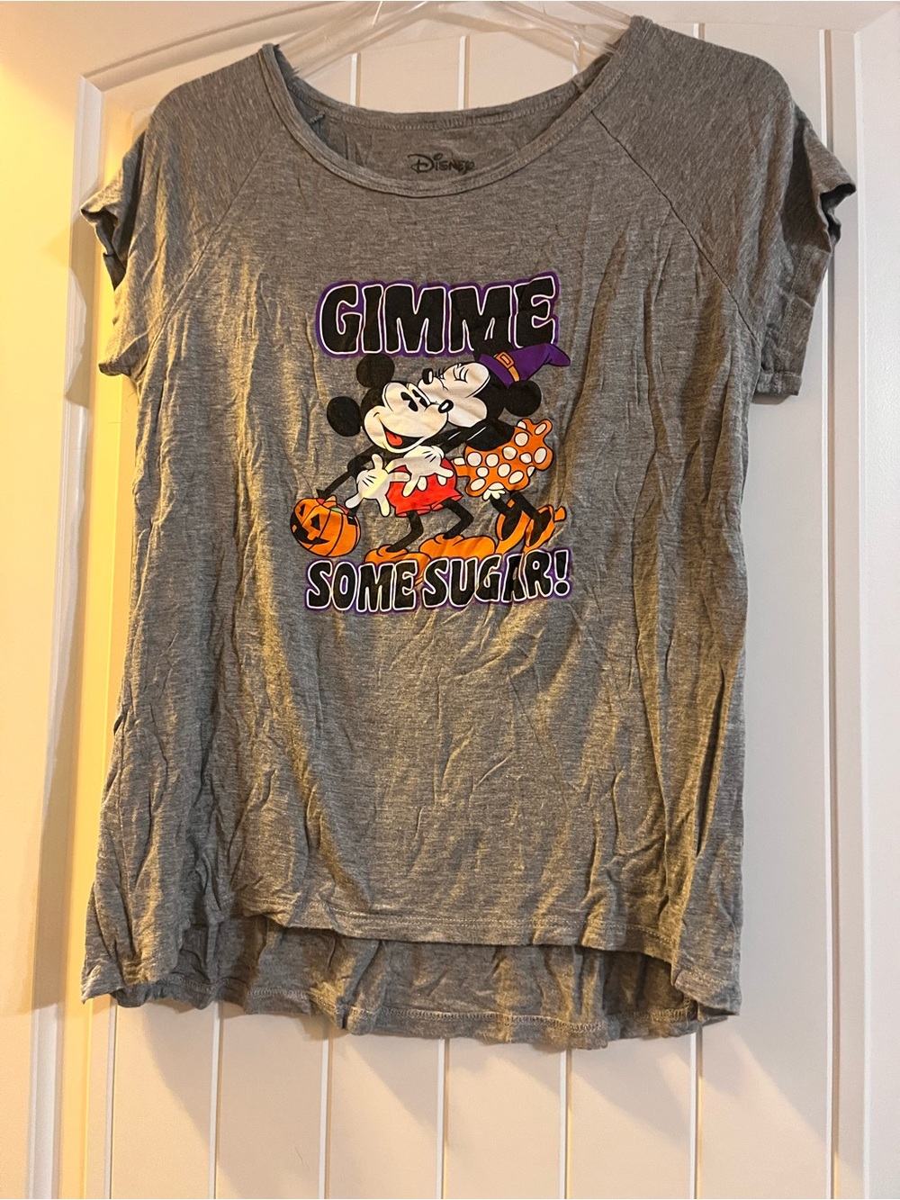 Disney women’s/jur Grey Minnie Mouse Halloween Graphic Tee with Orange & Purple